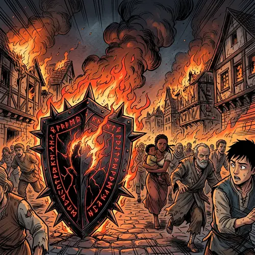 Black Shield with Flaming Spikes and Runic Engravings