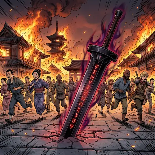 Mystical Black Broadsword Stuck in Stone with Red Runes