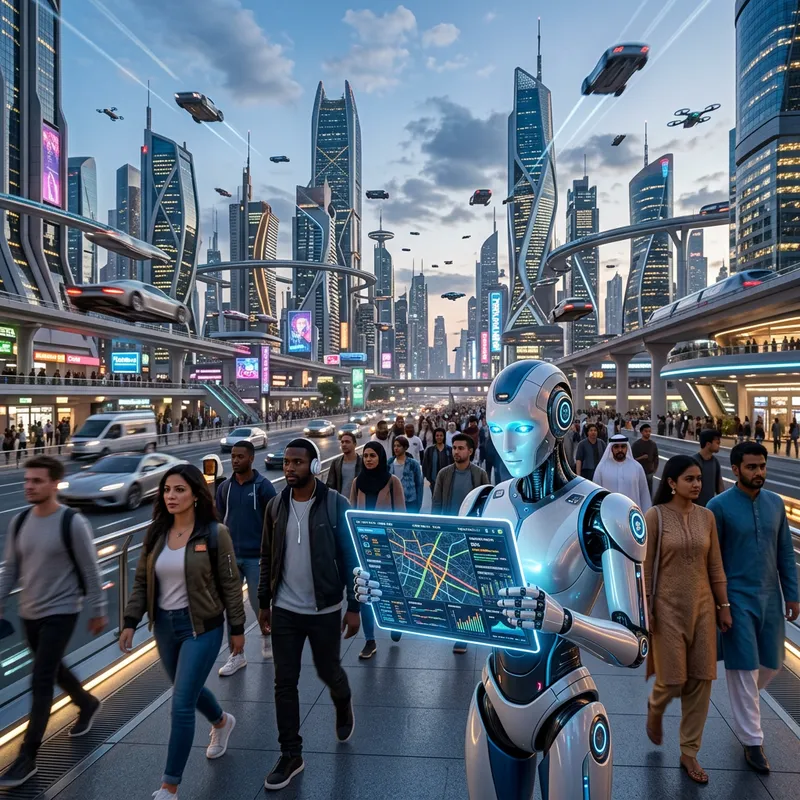 Future Cityscape with Advanced Humanoid Robot and Digital Data Table