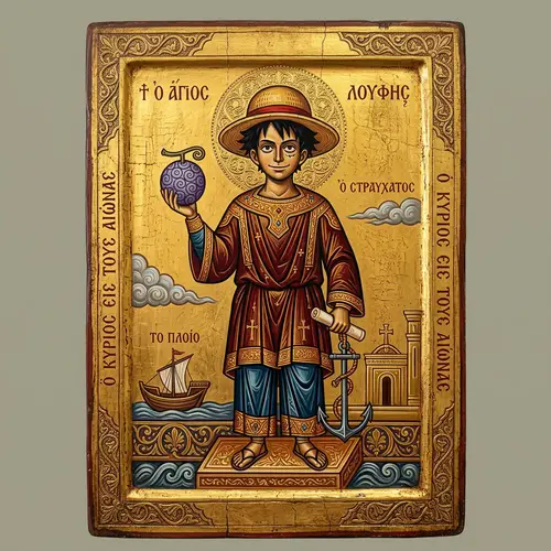 Classic Orthodox Iconography Character with Straw Hat and Fruit