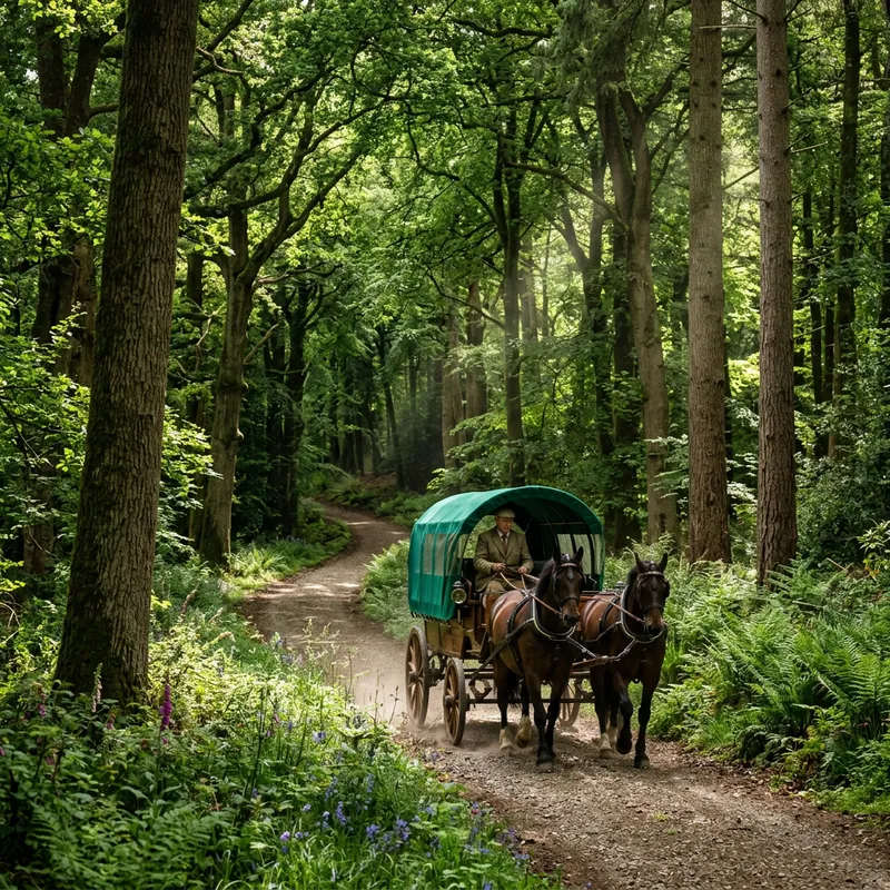 Verdant Forest Trail: Emerald Carriage Amid Lush Nature