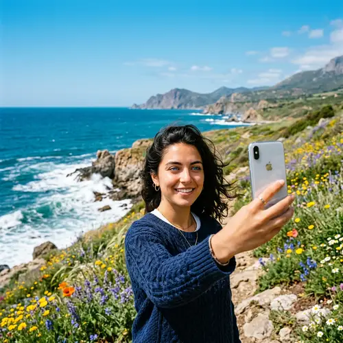 Beautiful Hispanic Girl Taking Selfie by Black Sea