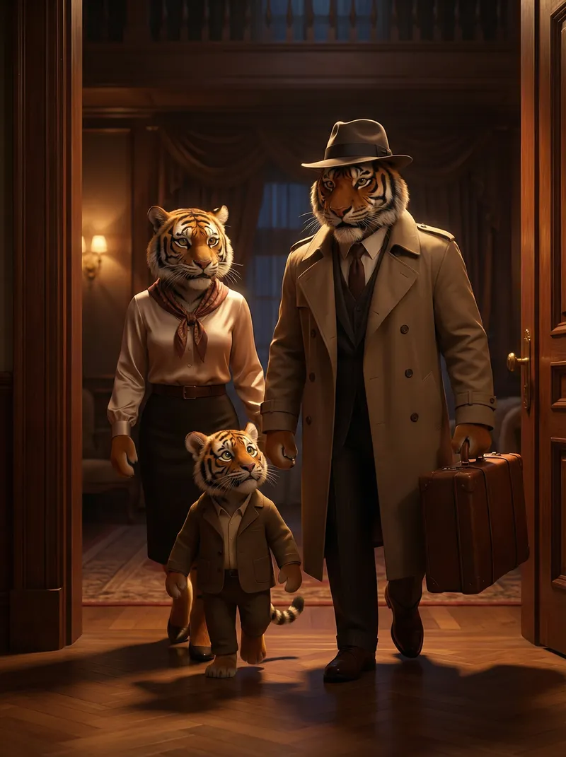 Cinematic Tiger Family Drama in Luxurious Home