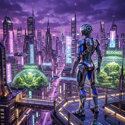 Futuristic Robot in a High-Tech Cityscape