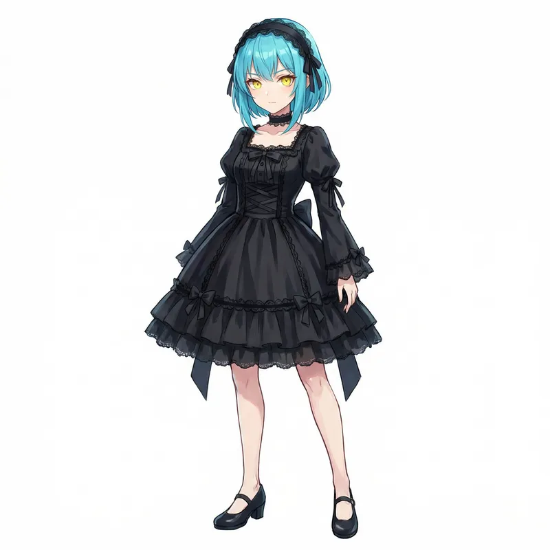 Cyan Hair & Yellow Eyes Anime Girl in Elegant Black Dress