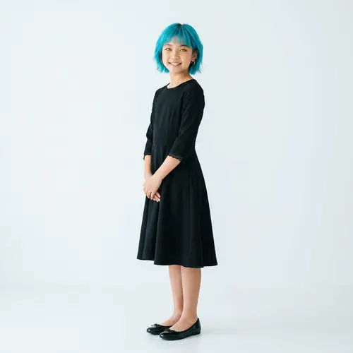 Asian Girl with Cyan Hair in Elegant Pose | Black Dress