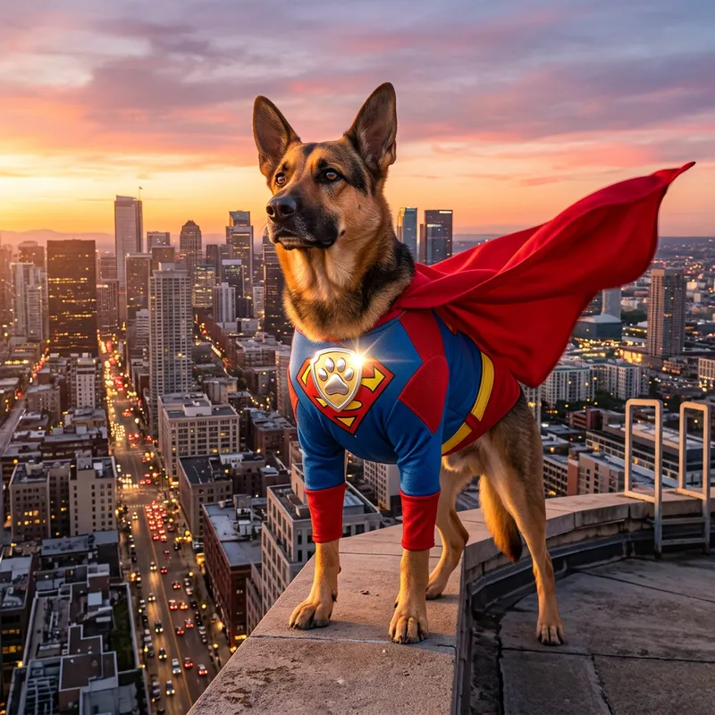 Superhero Dog Watching Over City | Justice & Protection
