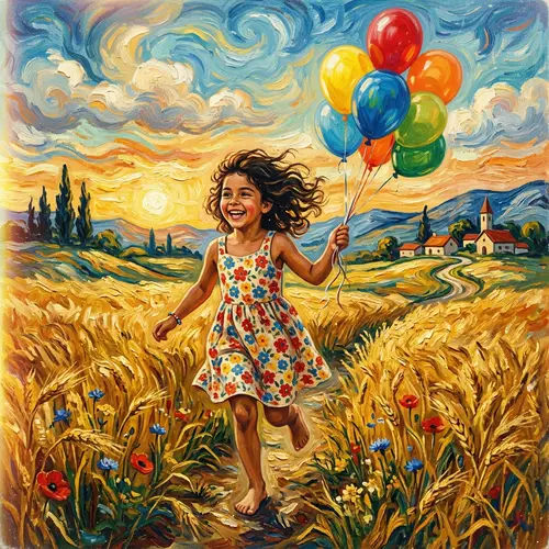 Dreamy Countryside Scene: Young Hispanic Girl with Colorful Balloon