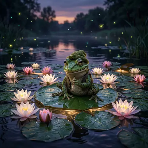 Frog on Pond with Water Lilies - Enchanting and Magical Scene