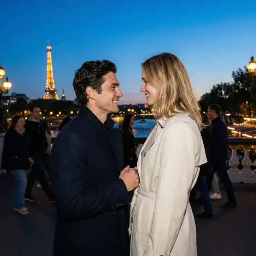 Romantic Evening in Paris: Black-haired Man & Blonde Woman
