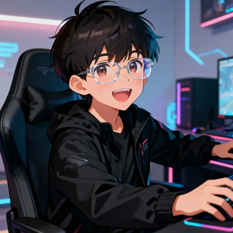 Cheerful Anime Gamer Boy in Black Jacket