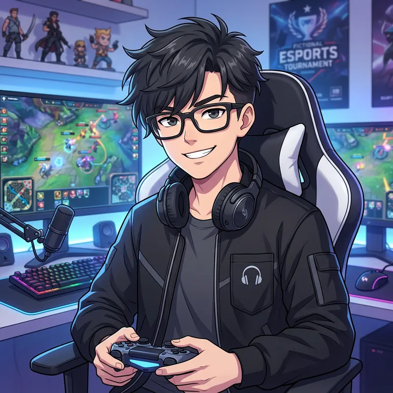 Cheerful Anime Gamer Boy in Black Jacket