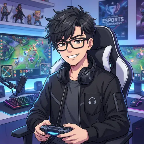 Cheerful Anime Gamer Boy in Black Jacket