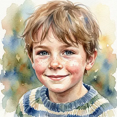 Watercolor Portrait of Young Boy | Artistic Child Face Painting
