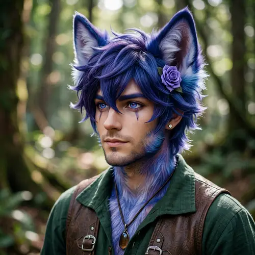 Male Fox Demi-Human with Blue & Purple Fur