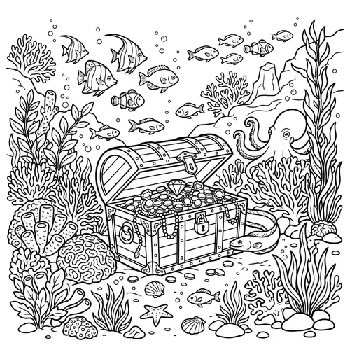 Underwater Coloring Page with Treasure Chest