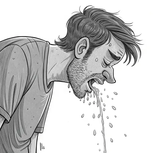 Cartoon of Drunk Man Puking - Line Art Illustration