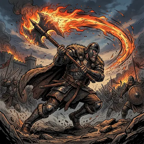 Fiery Axe Art - Realistic Line Art Cartoon