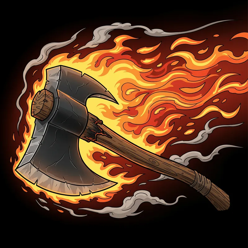 Fiery Axe Art - Realistic Line Art Cartoon