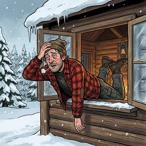 Drunk Man Hanging Out of Cabin Window in Winter