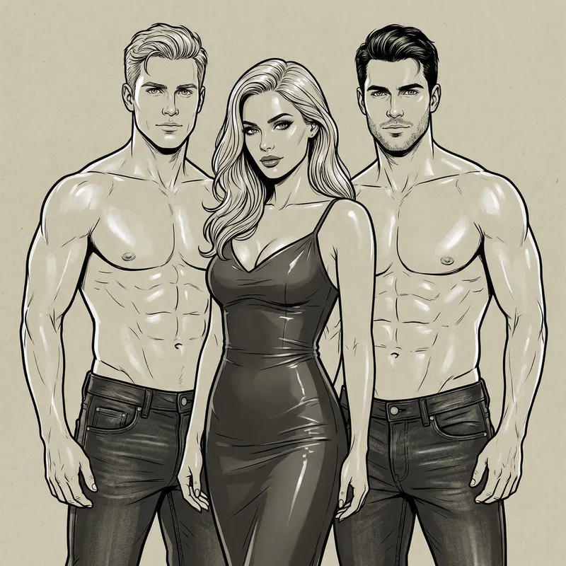 Sexy Woman with Muscular Men in Glossy Art