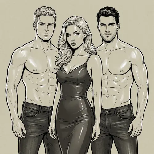 Sexy Woman with Muscular Men in Glossy Art