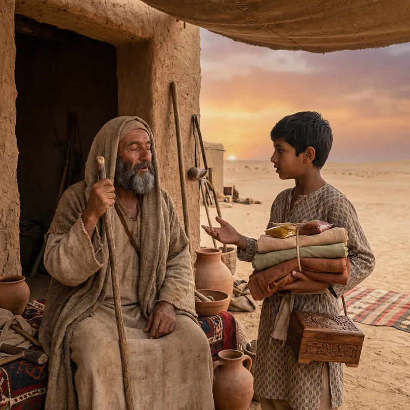 Blind Man Communicating with a Young Boy in Pre-Islamic Setting