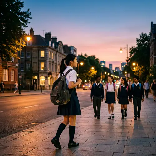 Serene Cityscape at Sunset with Diverse Schoolchildren Walking Home