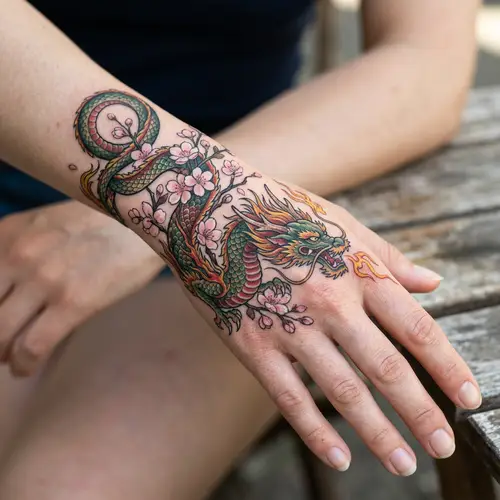 Elegant Dragon Tattoo Wrapped Around Hand | Sakura Blossoms