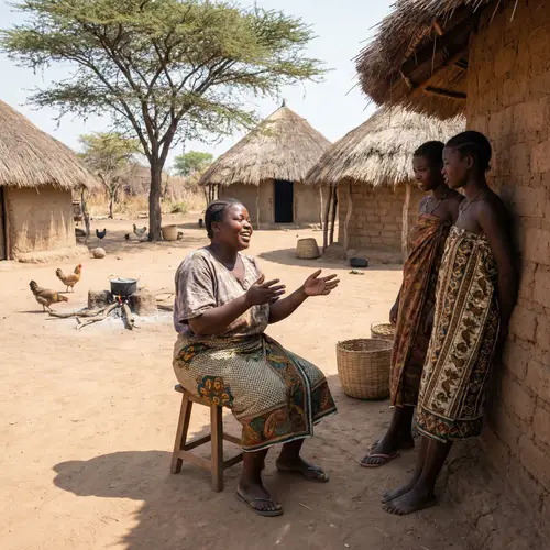 Zara, Overweight African Woman Talking to Others in Traditional Village