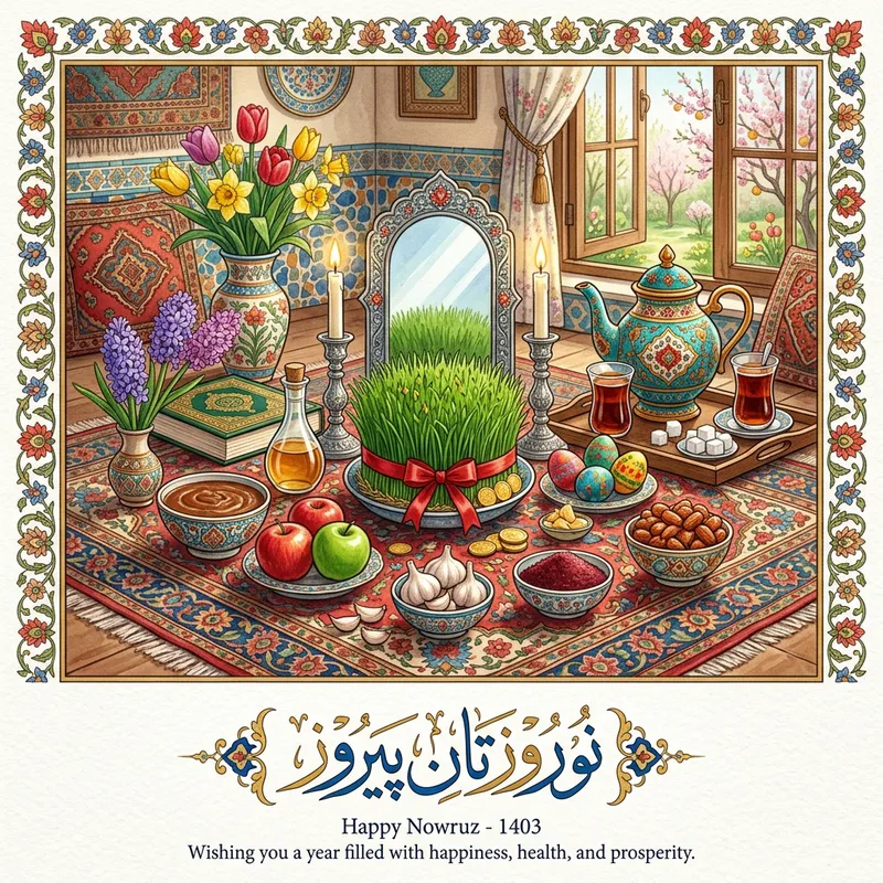 Persian New Year Card with Traditional Elements | Haft-Sin Table & Calligraphic نوروزتان پیروز Persian New Year Card with Traditional Elements | Haft-Sin Table & Calligraphic نوروزتان پیروز