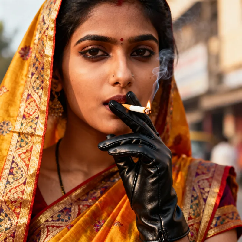 Indian Girl Smoking in Saree & Leather Gloves