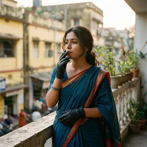 Indian Girl Smoking in Saree & Leather Gloves