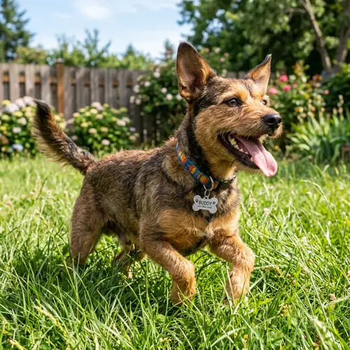 Energetic Medium-Sized Mutt in Playful Stance | Joyful Dog in Sunny Backyard