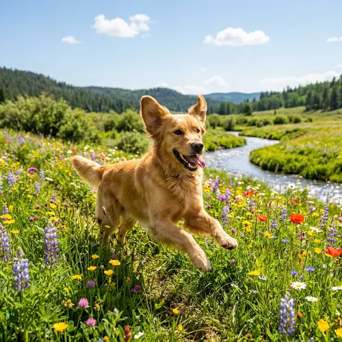 Lively Golden Retriever Enjoying Meadow | Explore Nature's Beauty