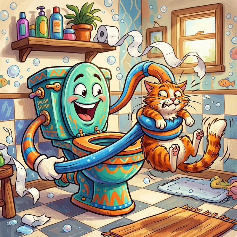 Whimsical Toilet and Cat: A Cartoon Adventure Whimsical Toilet and Cat: A Cartoon Adventure