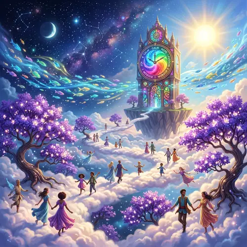 Surreal Landscape with Walking on Clouds, Purple Trees, and Luminescent Fish