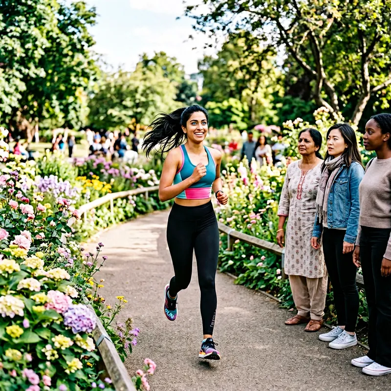 Young Woman Radiating Happiness Running in Vibrant Park Young Woman Radiating Happiness Running in Vibrant Park