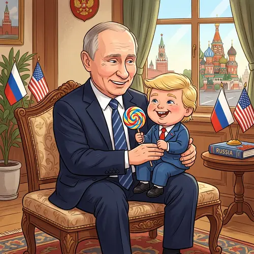 Playful Putin and Young Trump Cartoon