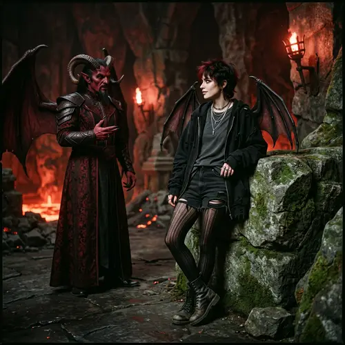 Gender-Diverse Demonic Figure with Bat Wings and Satan Entity