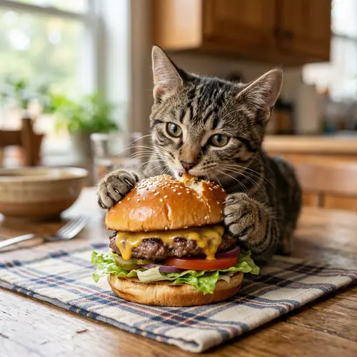 Adorable Tabby Cat Eating Hamburger