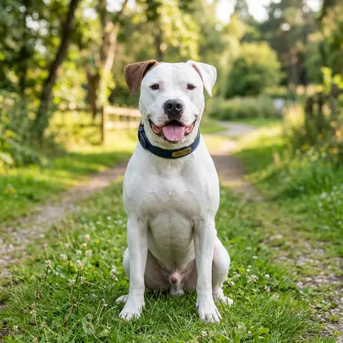 White Male Pitbull Dog with One Brown Ear