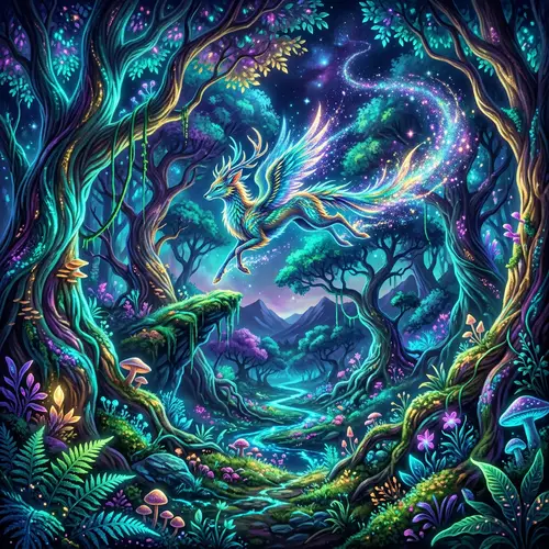 Mystical Forest with Vibrant Colors and Magical Creature