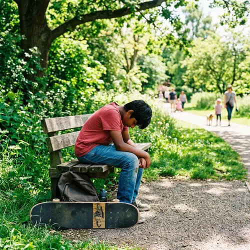 Heartbroken South Asian Boy on Park Bench - Emotional Image