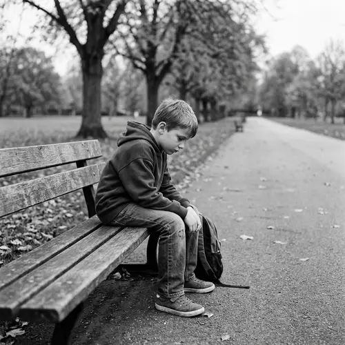 Youthful Heartache: Melancholic Boy on Wooden Bench in Empty Park