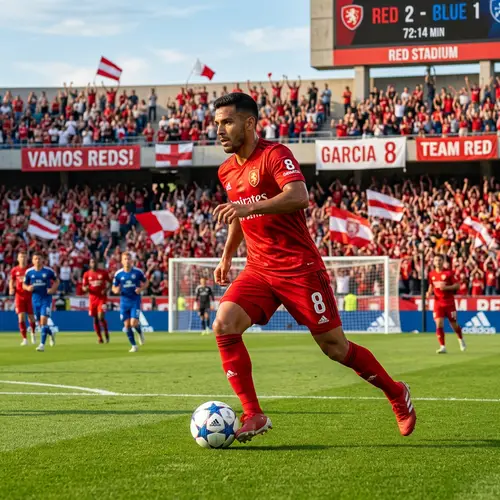 Hispanic Football Player #8 in Red Uniform on Field