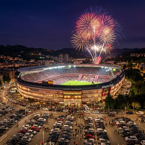 Vibrant Spanish Stadium with Fireworks Display