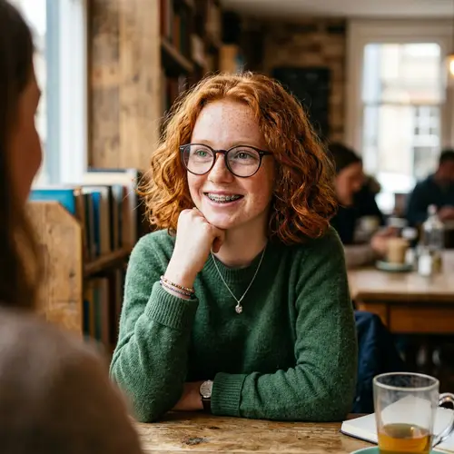 Distinctive British Teenage Girl with Red Hair, Freckles, Braces