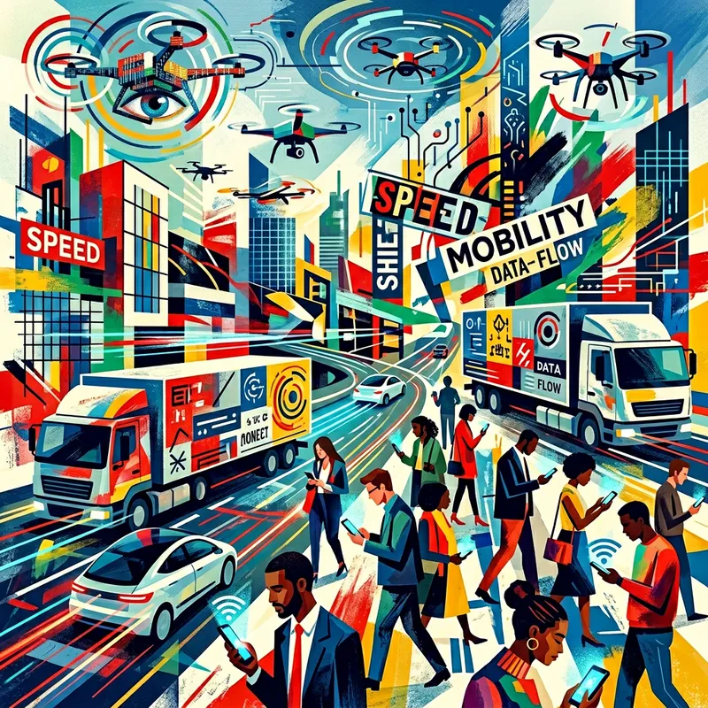 Abstract Digital Mobility Art: Drones, Electric Cars, People, Lorries
