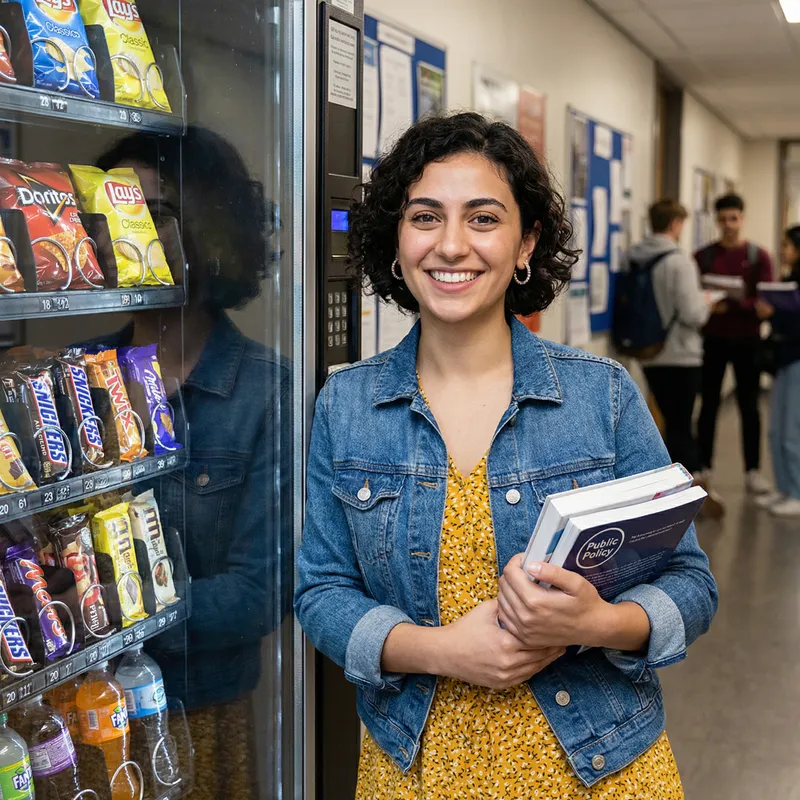 Brown-eyed Student of Public Policy in Yellow Dress by Snack Vending Machine